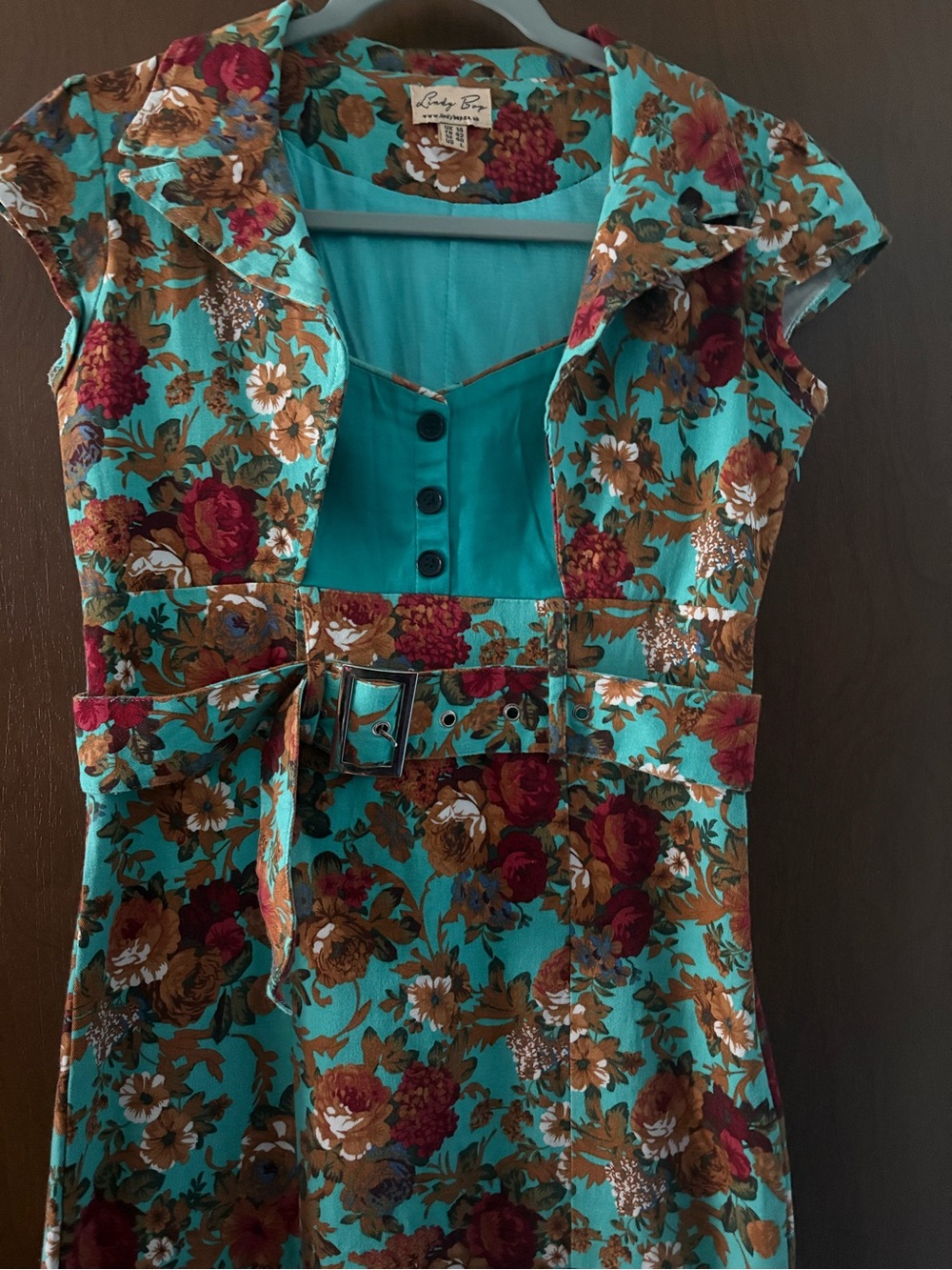 Lindy Bop Teal Floral Belted Midi Dress - Picture 4 of 9